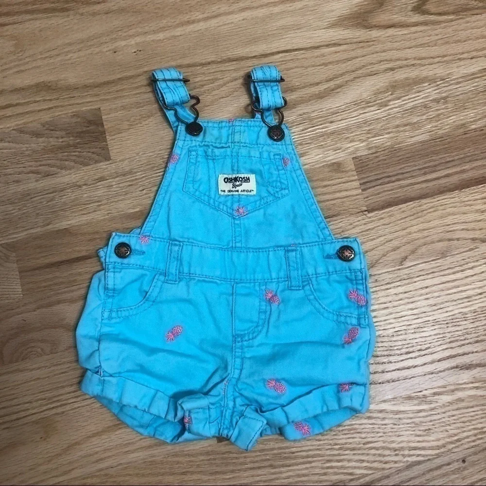 OshKosh Pineapple Shortalls Blue Pink 6 Months Denim Shorts Overalls Kids Girls